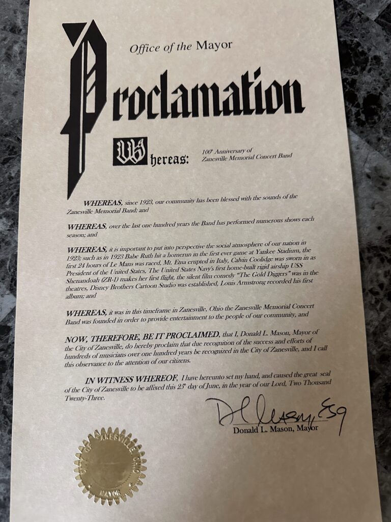 Photo of a city of Zanesville proclamation for the Zanesville Memorial Band