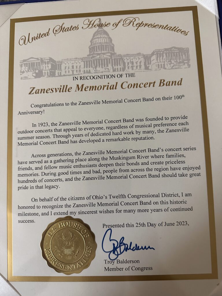 Photo of the House of Representatives proclamation for the Zanesville Memorial Band